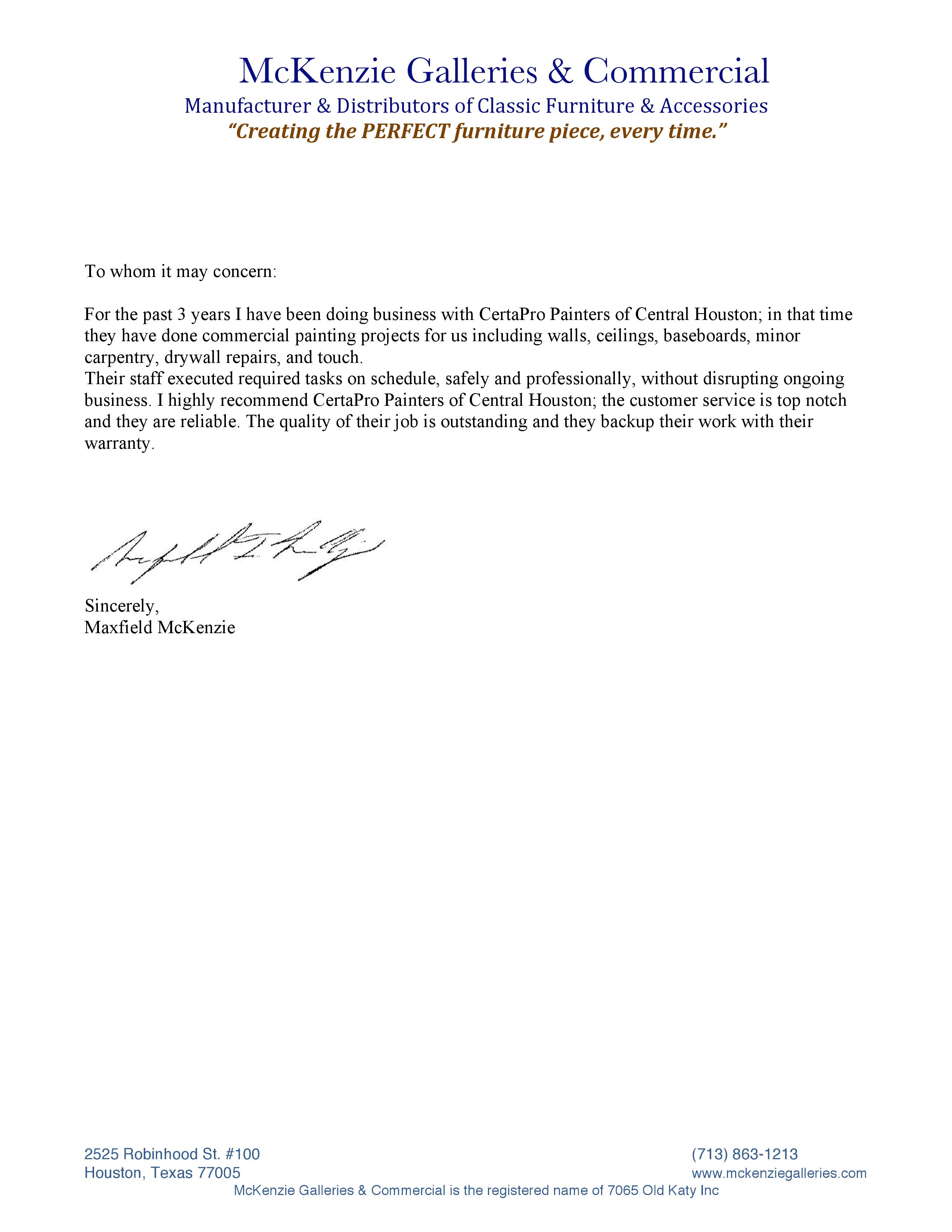 McKenzie Galleries & Commercial Letter of Recommendation