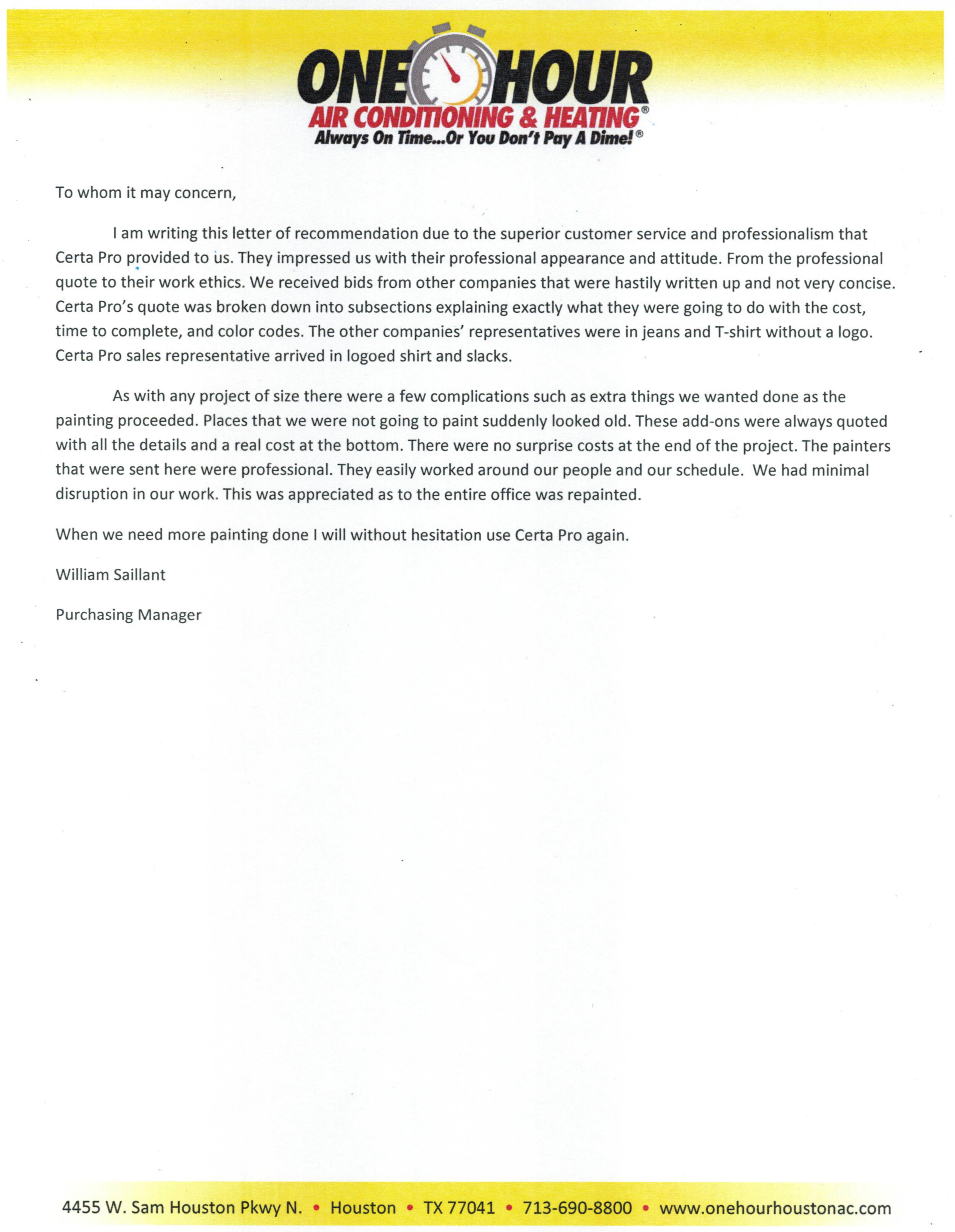 One Hour Air Conditioning & Heating Letter of Recommendation