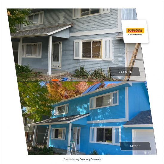 before and after of blue painted house