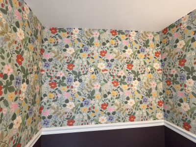 home bathroom with floral wallpaper