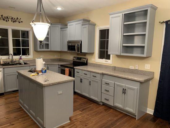 kitchen with light blue cabinets
