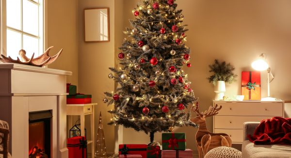 living room decorated for the holidays
