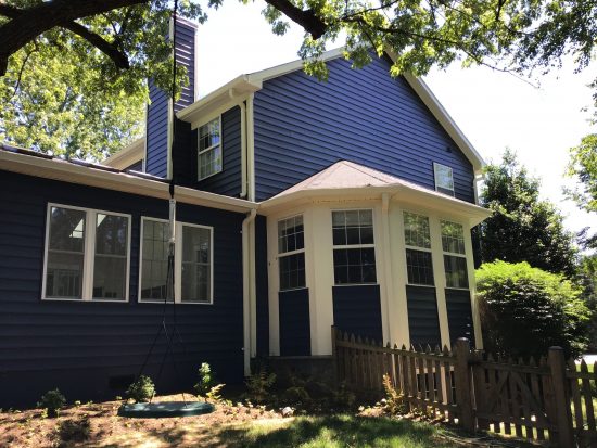 Blue siding with white trim