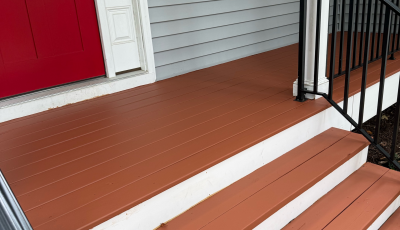 red stained front steps