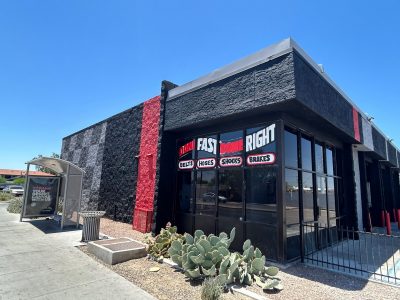 checkerboard pattern painted auto shop exterior