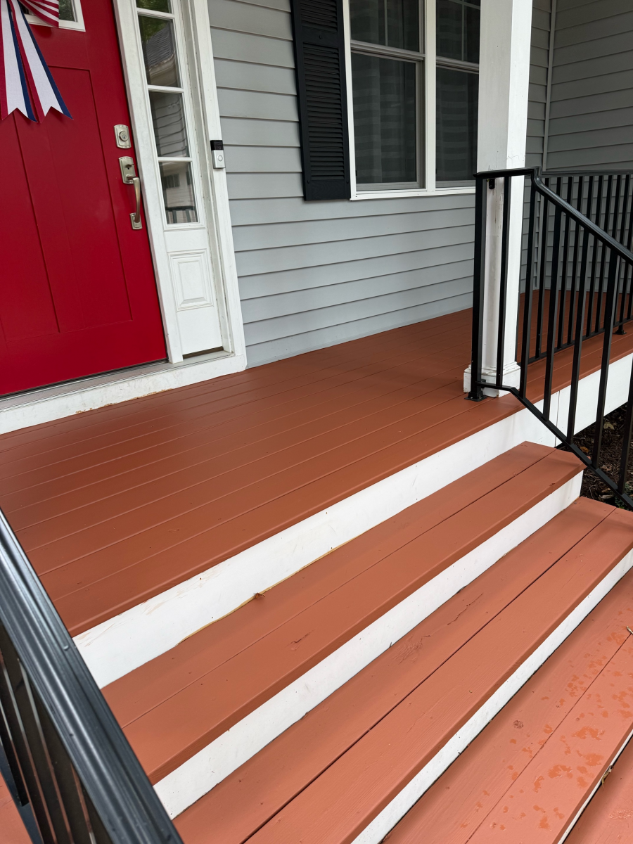 red stained front steps
