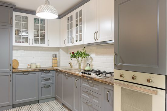 grey and white kitchen cabinets