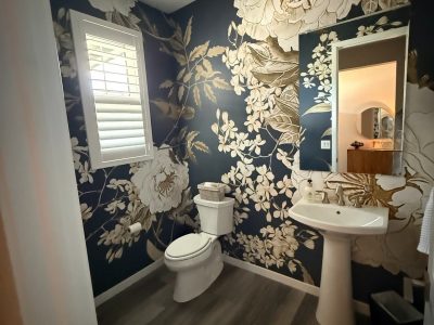 home bathroom with floral wallpaper